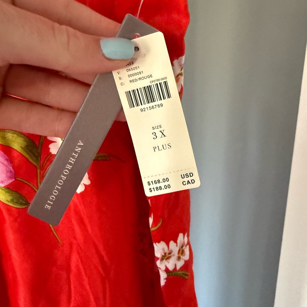 Anthropologie Red Floral Slip Dress with Pink and White Blooms - Picture 3 of 3
